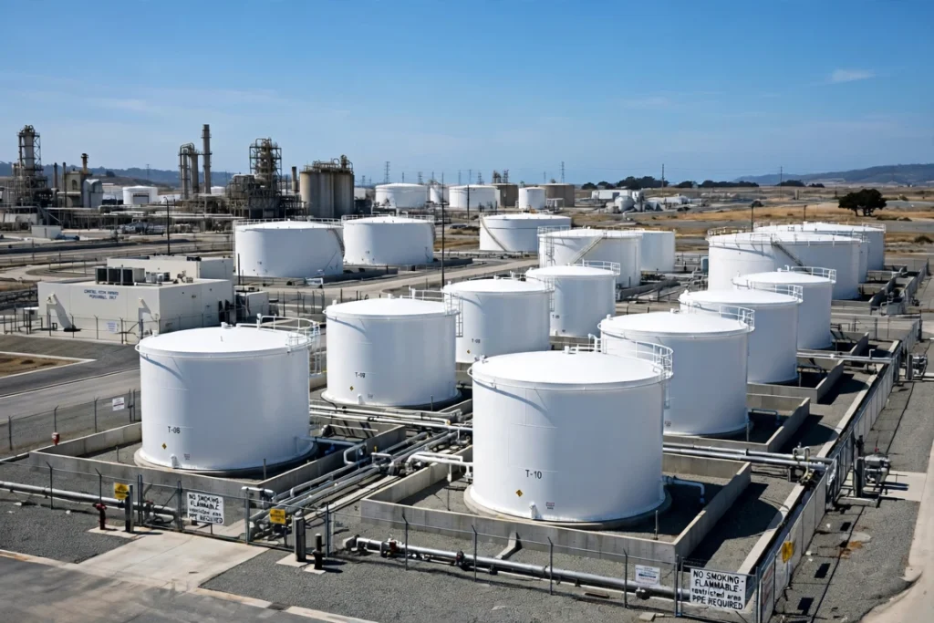 Large industrial oil storage facility with a capacity of 100 million barrels, featuring multiple white cylindrical storage tanks under a clear blue sky