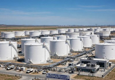 Conceptual image illustrating a G7 Oil Release, showing large industrial oil storage tanks under a clear blue sky