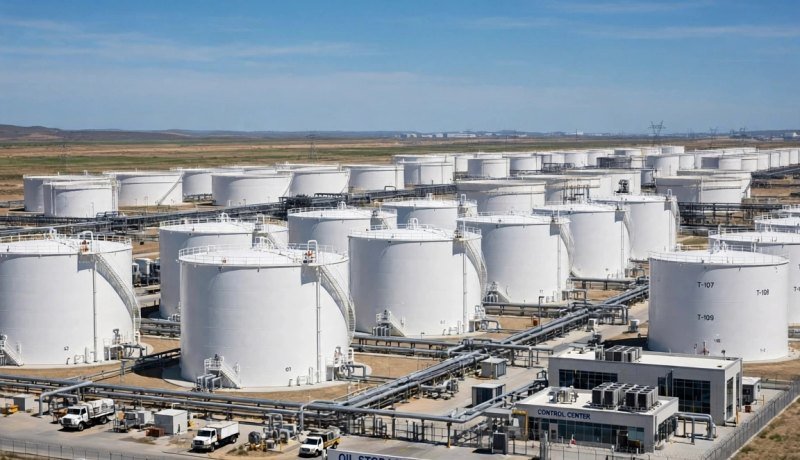 Conceptual image illustrating a G7 Oil Release, showing large industrial oil storage tanks under a clear blue sky